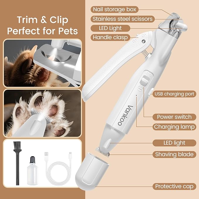Vankoo 2 in 1 Dog & Cat Nail Clippers & Trimmers with LED Lights, Splash Guard - Pet Hair Trimmer for Around Paws, Ear, Eye,Face, Rump Rechargeable & IPX7 Waterproof Grooming Supplies for Dog, Cat