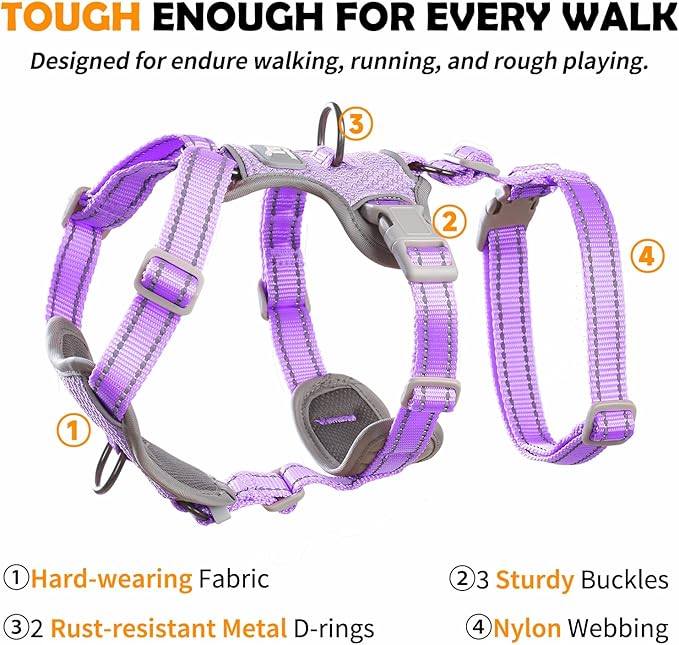 Huntboo Escape Proof Dog Harness – No Pull, No Slip, Fully Reflective, Adjustable 7-Point Design for Small, Medium, and Large Dogs – Lightweight for Outdoor Training & Hiking (Lavender Purple, L)