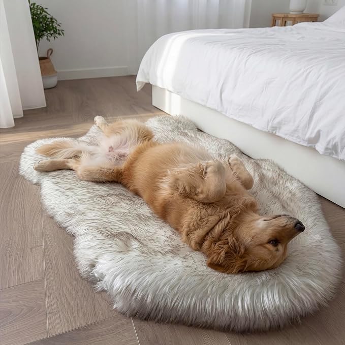 IHAPPYDOG Luxury Faux Fur Orthopedic Dog Bed, Memory Foam Dog Bed for Small, Medium, Large and XL Pets, Fluffy Pet Bed with Waterproof and Washable Cover (White w/Brown Tips, 50"x30")