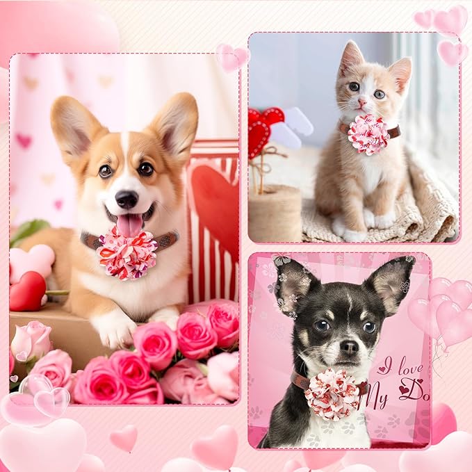 50 Pcs Valentines Day Dog Collar Flowers Bulk Pin and Red Heart Dog Flower Grooming Charms Accessories for Cat Pets Collar Attachment Embellishment Valentine's Day Sweet Party Costume
