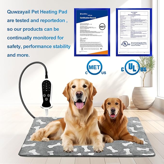 Quwzayail Cat Heating Pad, 9 Gears and time Settings and Metal Protective Tube, Adding Wire Rope Warming,Comes with Soft Fabric Cover (18.0" Lx 18.0" W x 0.5" Th, Gray Pattern)