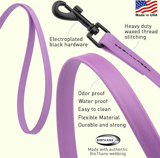 Dogline Biothane Waterproof Dog Leash Strong Coated Nylon Webbing with Black Hardware Odor-Proof Easy to Clean High Performance for Small or Large Dogs Made in USA 2 ft Lead, Amethyst Purple
