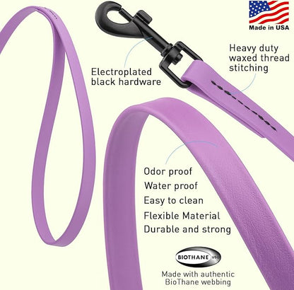 Dogline Biothane Waterproof Dog Leash Strong Coated Nylon Webbing with Black Hardware Odor-Proof Easy to Clean High Performance for Small or Large Dogs Made in USA 4 or 6 ft Lead, Amethyst Purple