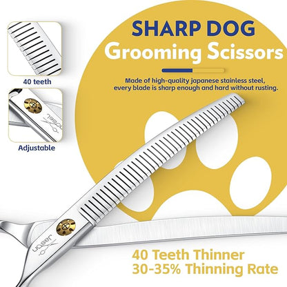JASON Dog Thinners for Grooming - 7" Down-curved Blender Scissors with 30%-35% Thinning Rate, Japanese 440C Stainless Steel Dog Grooming Thinning Shears with Adjustable Screw (40 Teeth, Silver) Gift