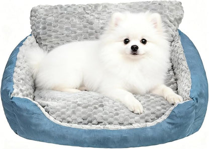Dog Bed for Small Dogs & Cats with Soft Plush Cushion, Blue and Gray,Non-Slip Bottom, Year-Round Faux Fur Linen Calming Pet Sofa (Up to 17 lbs)