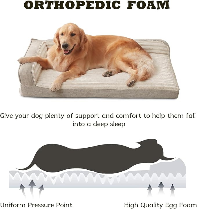 WINDRACING Orthopedic Dog Beds for Medium Dogs, Waterproof Egg Foam Dog Sofa Bed with L Bolster Sides, Washable Medium Pet Bed with Removable Cover & Non-Slip Bottom, 31 x 25 inch, Beige