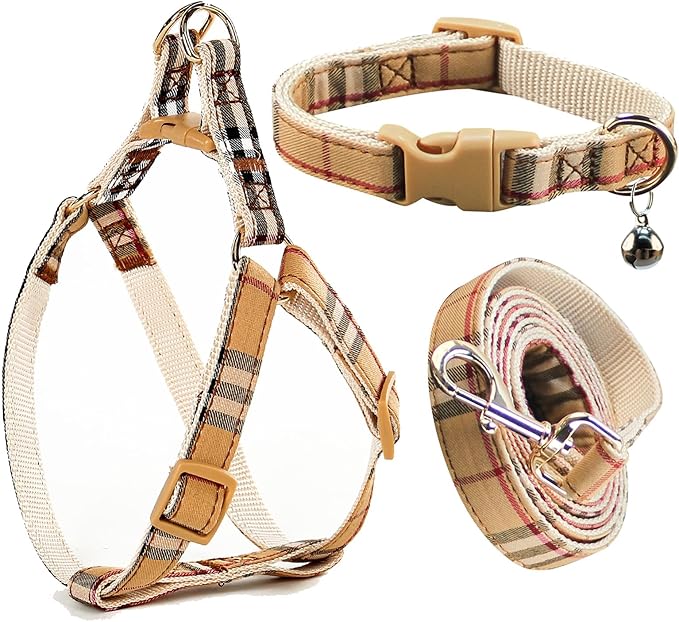 NISIYE Cute Plaid Dog Collar Harness and Leash with Safety Buckle - Adjustable and No Pull Comfortable Dog Collars for Small Puppy, Stylish Durable Gift for Boy Girl Pets