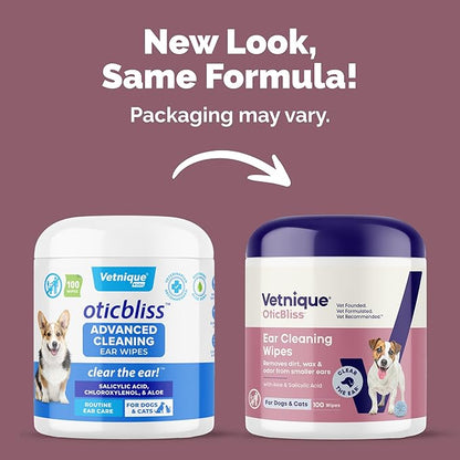 VETNIQUE Oticbliss Advanced Cleaning Ear Wipes for Dogs & Cats for Odor Control, Dirt and Wax Removal with Soothing Aloe Vera, Drying Agent and Vitamin E, Clear the Ear 100ct Wipes