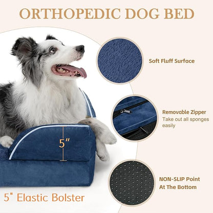 Comfort Expression Orthopedic Dog Bed for Large Dogs 36x27 Inch, Waterproof Supportive Egg Crate Foam Large Pet Bed with Removable Bolsters, Dog Couch with Washable Cover & Non-Slip Bottom, Navy Blue