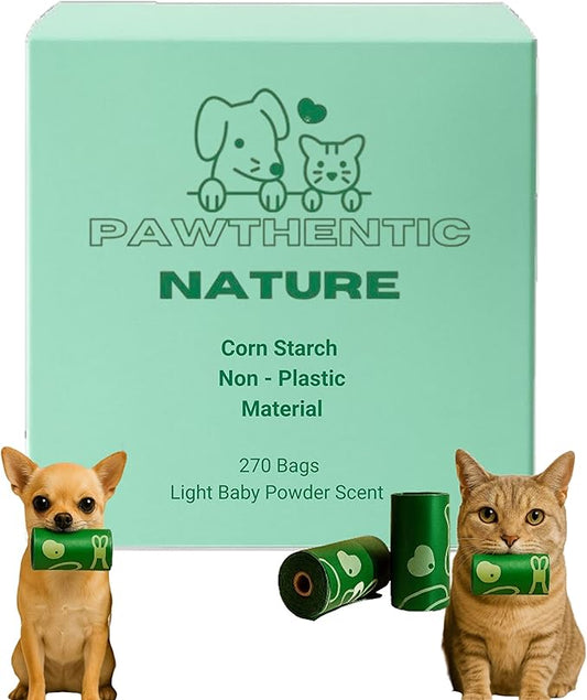 Dog Poop Bags – 270 Count Value Pack, Extra-Thick 18 Micron, Leak-Proof, Plant-Based Material, Light Baby Powder Scent for Dogs & Cats – Pawthentic Nature