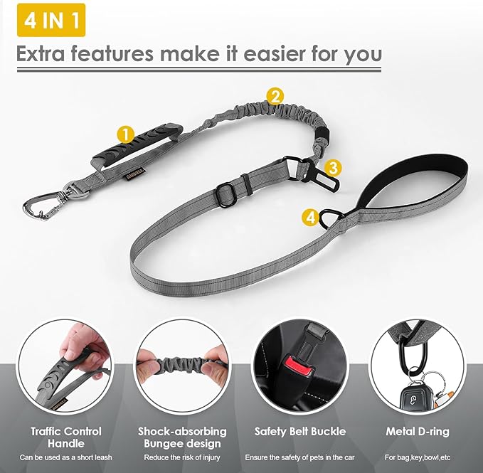 AUBELL Tactical Dog Leash Heavy Duty,4-6ft Reflective Strong No Pull Bungee Leash for Medium Large Dogs with Comfortable Padded Double Handle,Car Seat Belt,360 Degree Rotating Carabiner,Grey