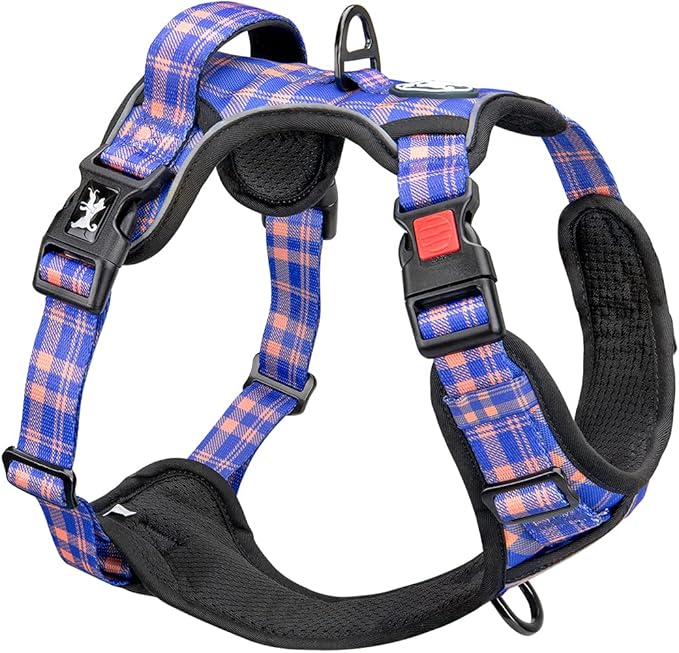 PoyPet No Pull Dog Harness, Reflective Adjustable No Choke Pet Vest with Front & Back 2 Leash Attachments, Soft Control Training Handle for Small Medium Large Dogs(Checkered Blue & Orange,XS)