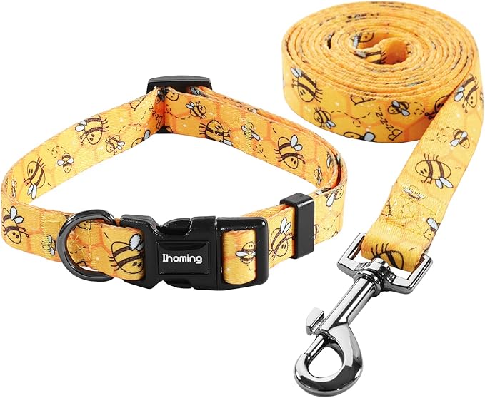 Ihoming Dog Collar and Leash Set for Daily Outdoor Walking Running Training, Bee Design for Large Boys Girls Dogs Cats Pets, L-Up to 80LBS