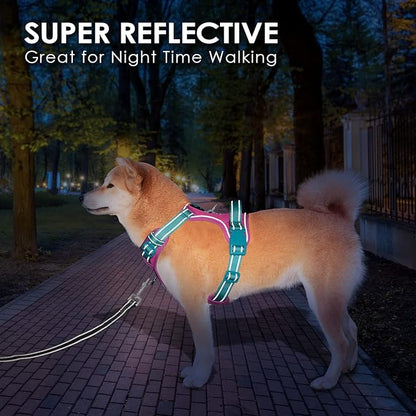 PHOEPET No Pull Dog Harness, Unique Colors Reflective Adjustable Dog Vest, with Soft Training Handle Metal Clips for Small Medium Large Dogs (Pink Base & Green Straps,XS)
