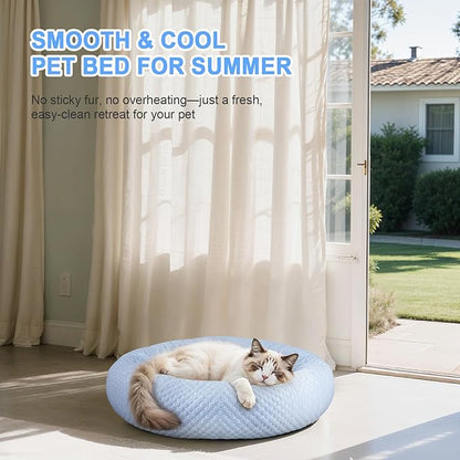 Small Donut Dog Bed - Cooling Calming Cuddler for Cats & Puppies, Anti-Anxiety Ice Fabric Round Pet Bed, Washable Comfort Dog Bed for Small Dogs, Egg Tart Design (S)