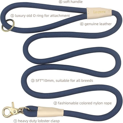Lobster Snap Pet Leash 5FT, Special Strong Nylon Rope Dog Leash, Solid Color Rope Dog Lead for All Breed (Navy Blue, 5ft*10mm