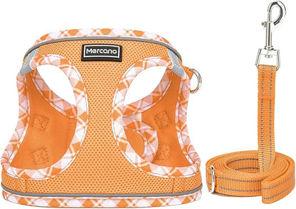 Mercano Soft Mesh Dog Harness and Leash Set, No-Chock Step-in Reflective Breathable Lightweight Easy Walk Vest Harnesses with Safety Buckle for Small Dogs, Cats (Orange, S)