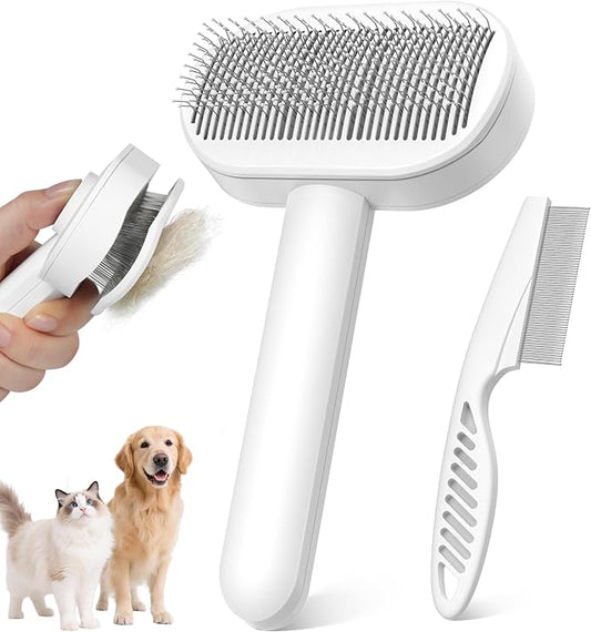Self-Cleaning Slicker Brush for Dogs & Cats, 3-in-1 Grooming Kit with Detangling Comb & Storage Box, Deshedding Tool for Long Short Hair Pets, Skin-Friendly Brush Prevents Matting & Tangles