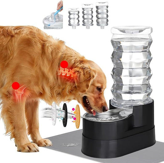 RIZZARI Large Water Dispenser for Dogs: 8L Raised Gravity Black Automatic Stainless Steel Waterer with Specialized Brush and Triple Filter for Senior Dogs - Good for Spine - in Bedroom Garden