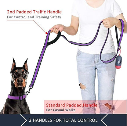 JSXD Heavy Duty Double Handle Dog Leash - 5 FT with Comfortable Padded and Reflective Rope, for Small to Large Dogs (Wide-Purple)