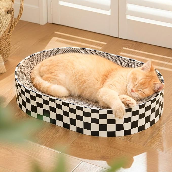 Conlun Large Oval Cat Scratcher Bowl, Cardboard Cat Scratching Pad & Lounge Bed, High-Density Reversible Cat Nest for Large Indoor Cats, Furniture Protector with Ergonomic Curve, Gift Catnip Included