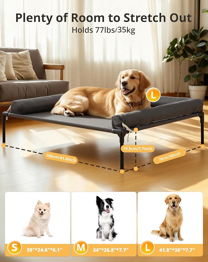 Cooling Elevated Dog Bed, 30x41.8 Raised Dog Bed with Removable Bolster Cushion, Breathable Mesh, Non-Slip Feet, and Metal Frame for Large Breeds Indoor Outdoor