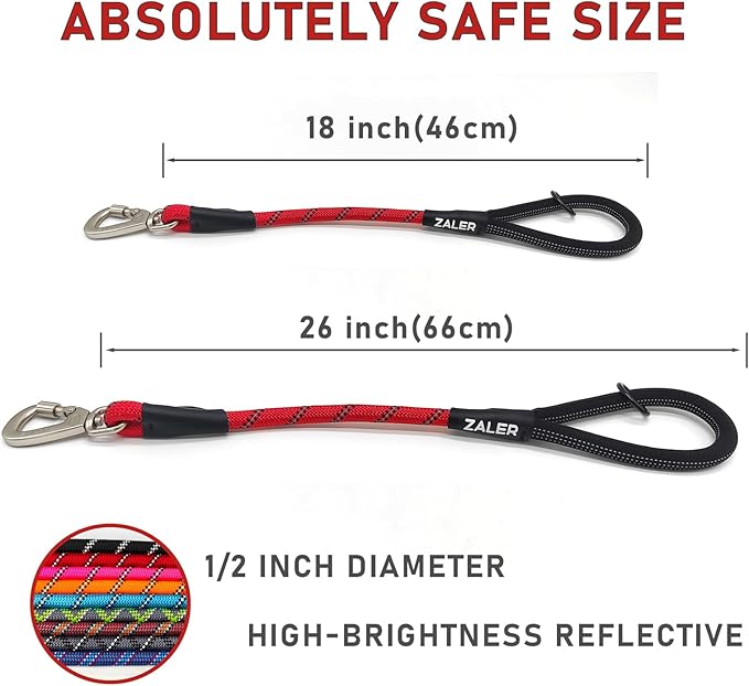 ZALER Short Dog Leash, 18 Inches Rope Traffic Leashes for Dogs, Reflective Dog Lead with O-Ring, Heavy Duty Pet Leash for Large and Medium Dogs (18'' Red)