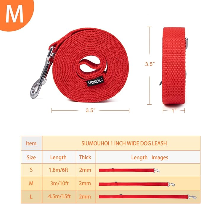 Siumouhoi Strong Durable Nylon Dog Training Leash, 1 Inch Wide Traction Rope, 6 ft 10ft 15ft Long, for Small and Medium Dog (Red, 10 Feet)