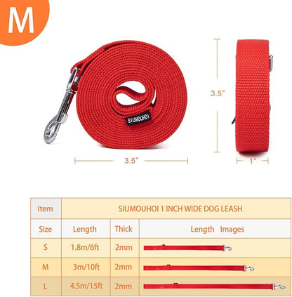 Siumouhoi Strong Durable Nylon Dog Training Leash, 1 Inch Wide Traction Rope, 6 ft 10ft 15ft Long, for Small and Medium Dog (Red, 10 Feet)