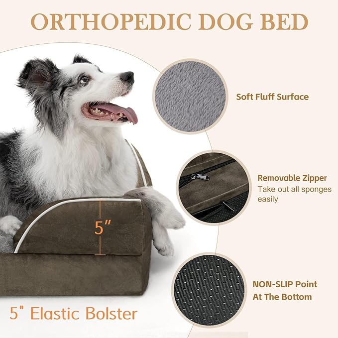 Comfort Expression Orthopedic Dog Bed for Extra Large Dogs 53x42 Inch, Waterproof Egg Crate Foam XXL Pet Bed with Removable Bolsters, Dog Couch with Washable Cover & Non-Slip Bottom, Dark Green