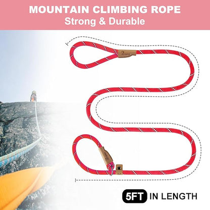 5 FT Slip Lead Heavy Duty Rope Leash for Small Medium Large Dogs, No Pull Training Lead with Reflective Thread, Strong Comfortable Loop Leash (Red Stripe, Large(1/2"))