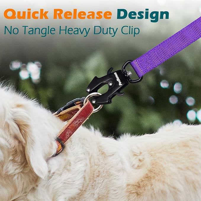 PetBonus Heavy Duty Tactical Dog Leash, 5 FT Bungee Shock Absorption Leash with 2 Padded Handles, Quick Release Metal Clip, Car Seatbelt, No Pull Training Lead for Large Medium Dogs（Purple）