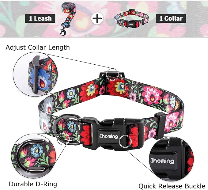 Ihoming Dog Collar and Leash Set for Daily Outdoor Walking Running Training, Black Colorful Flowers Design for Small Boys Girls Dogs Cats Pets, S-Up to 20LBS