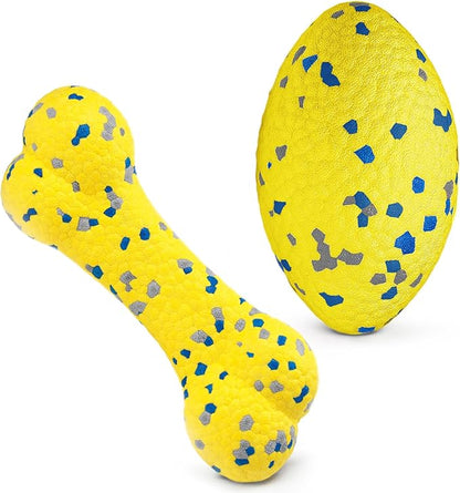 Moonorange 2Pcs Upgrade Bone Dog Balls+Rugby Dogs Toys for Aggressive Chewers, Indestructible Tennis Balls for Dogs (Yellow)