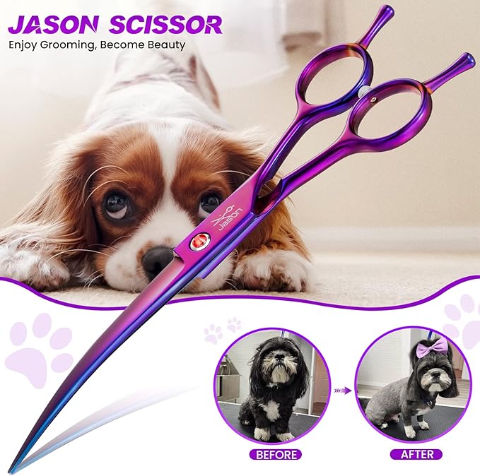 JASON 7.5" Dog Grooming Scissor - Professional Down-curved Shear with Ergonomic Handle Japanese Stainless Steel Trimming Scissor for Dogs, Cats and Other Pets, Sharp (Curved, Purple) Christmas Gift