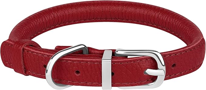 OOPSDOGGY Rolled Leather Dog Collar Soft Roll Collars for Small Medium Large Dogs Puppy (Red, L, 14"-18")