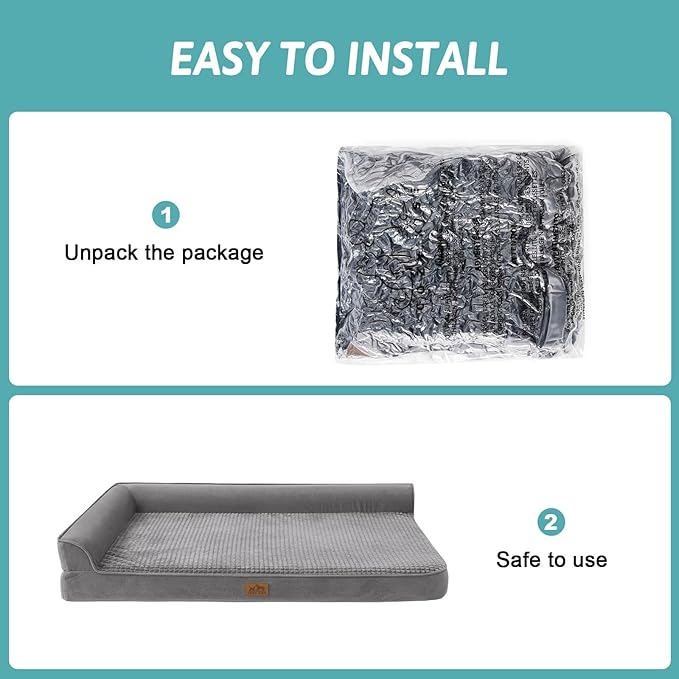 Orthopedic Dog Bed for Large Size Dog, XL Dogs Crate Bed, L Shaped Foam Anti-Slip Bottom Pet Cat Sofa with Washable Removable Cover, Suitable for Pet Up to 100 lbs, 42x30x7.5 inch, Grey