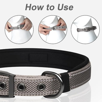 PetiFine Dog Collar for Large Dogs, Neoprene Padded and Adjustable, Reflective Wide Heavy Duty Pet Collars with Durable Metal Belt Buckle for Walking, Grey, L