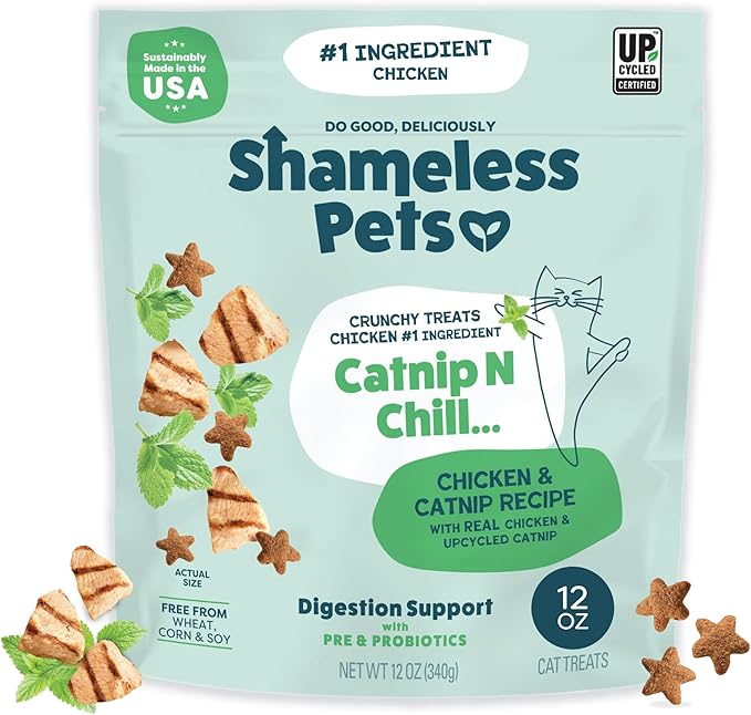 Shameless Pets Crunchy Cat Snacks & Treats – Healthy Cat Treats for Indoor Cats & Kittens with Catnip, Real Chicken & Digestive Support, Catnip N Chill (12 oz)