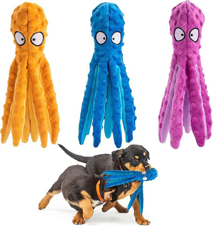 Alphatool Squeaky Dog Toys - 3pcs No Stuffing Octopus Soft Plush Crinkle Toys to Keep Them Busy, Interactive Essentials for Small Medium Pets Dogs Gifts, Blue/Purple/Orange
