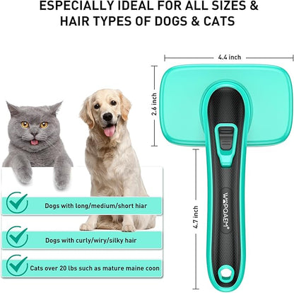WOPQAEM Self Cleaning Slicker Brush for Dog, Cat, Skin Friendly Shedding & Grooming Tool for Long and Short Haired Pets, Easy Clean Retractable Bristles, Green
