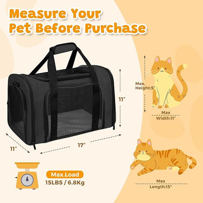 FOORLON Cat Carrier Soft for Pets Up to 15 Lbs, Cat Travel Bag Soft-Sided with Padded Shoulder Strap, Pet Dog Carriers for Small Dogs Travel Puppy Carry Airline Approved, Black