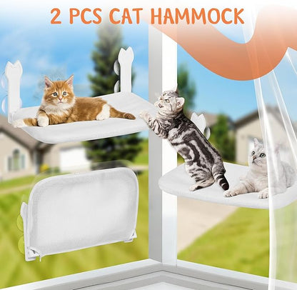 2 Pack Cat Window Perch,Cat Window Hammock Cordless Foldable Window Bed with 4 Large Strong Suction Cup,Reversible Cushion Cover,Metal Frame Easy to Adjust Window Seat Holds up to 40lbs(White，M