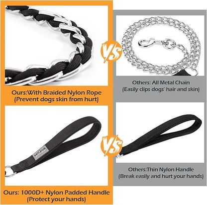 Dog Leash Chew Proof, Chain Leash Anti Chew Dog Leash for Large Dogs Heavy Duty, Indestructible Metal Leash Anti Bite Chain Link with Woven Cord Soft Padded Handle (Black, 4FT)