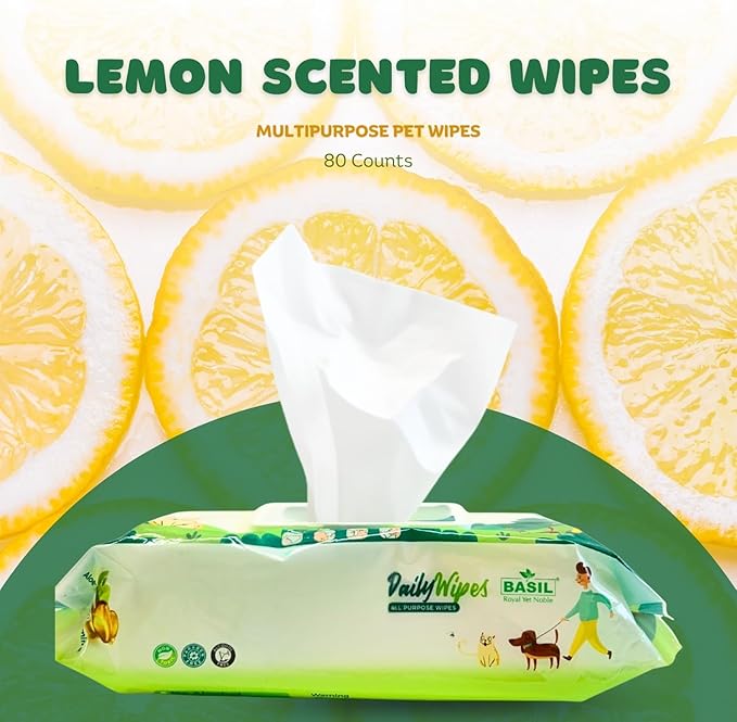 BASIL Pet Grooming Multi-Purpose Wipes for Dogs, Cats & Puppies – 80 Large Wipes (8″ × 8″) | Aloe Vera, Vitamin E & Castor Oil | Paw, Ear, Mouth & Butt Cleaning Wipes | Lemon Scent, Paraben-Free