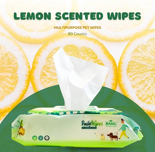 BASIL Pet Grooming Multi-Purpose Wipes for Dogs, Cats & Puppies – 80 Large Wipes (8″ × 8″) | Aloe Vera, Vitamin E & Castor Oil | Paw, Ear, Mouth & Butt Cleaning Wipes | Lemon Scent, Paraben-Free