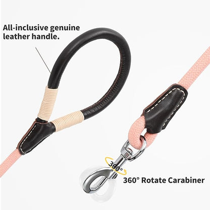 Mile High Life Genuine Leather Wrapped Handle Dog Leash, w Heavy Duty Clasp Rope Leash for Small Medium Large Dogs (Pink, 4FT)