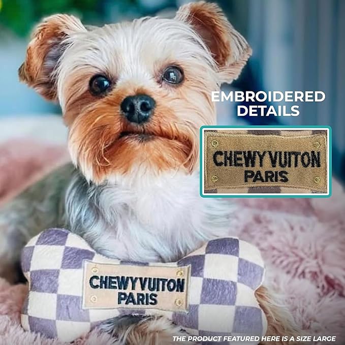 Haute Diggity Dog Checker Chewy Vuiton Bone, Plush Designer Dog Toys with Interactive Squeaker, Stimulating Pet Enrichment, Machine-Washable & Safe Materials for All Breeds, Size Large