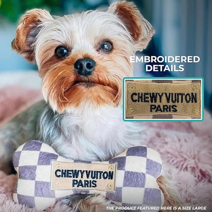 Haute Diggity Dog Checker Chewy Vuiton Bone, Plush Designer Dog Toys with Interactive Squeaker, Stimulating Pet Enrichment, Machine-Washable & Safe Materials for All Breeds, Size Large