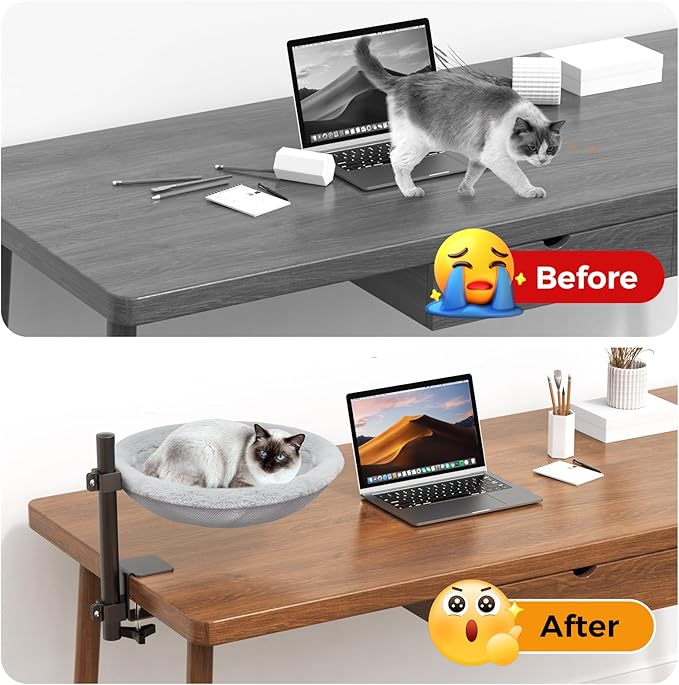 TVOVT On/Under Cat Desk Bed - 360°Rotation & Adjustable Mount Perch Cats Hammock Up to 50 lbs Cat Furniture for Office Desks and Game Tables with 2 Soft and Breathable Dual-Sided Reversible Mat
